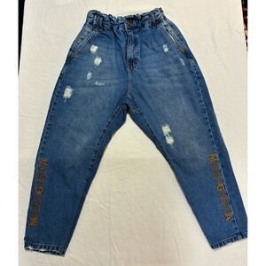 Maria Gueixa Women's High Waist Distressed Mom Jeans Blue Embroidered Logo